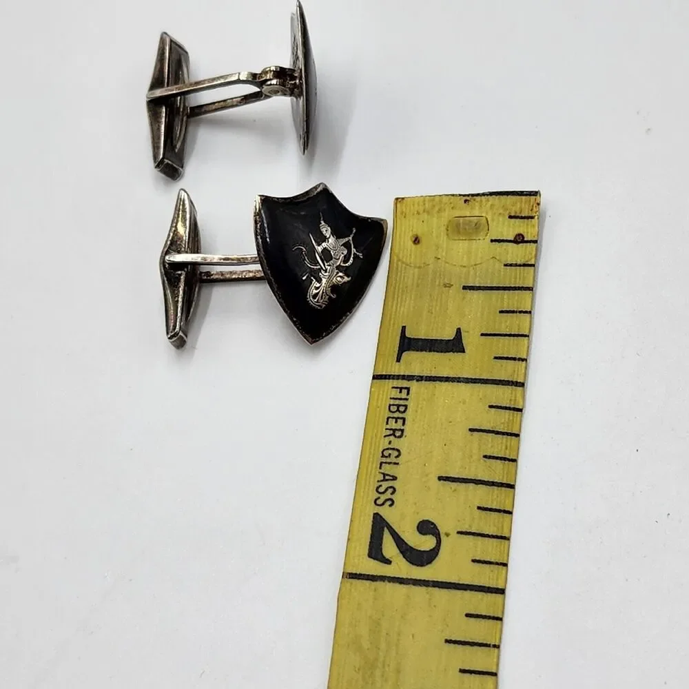 Vintage Siam Sterling Silver Niello Dancer In Shield Cufflinks